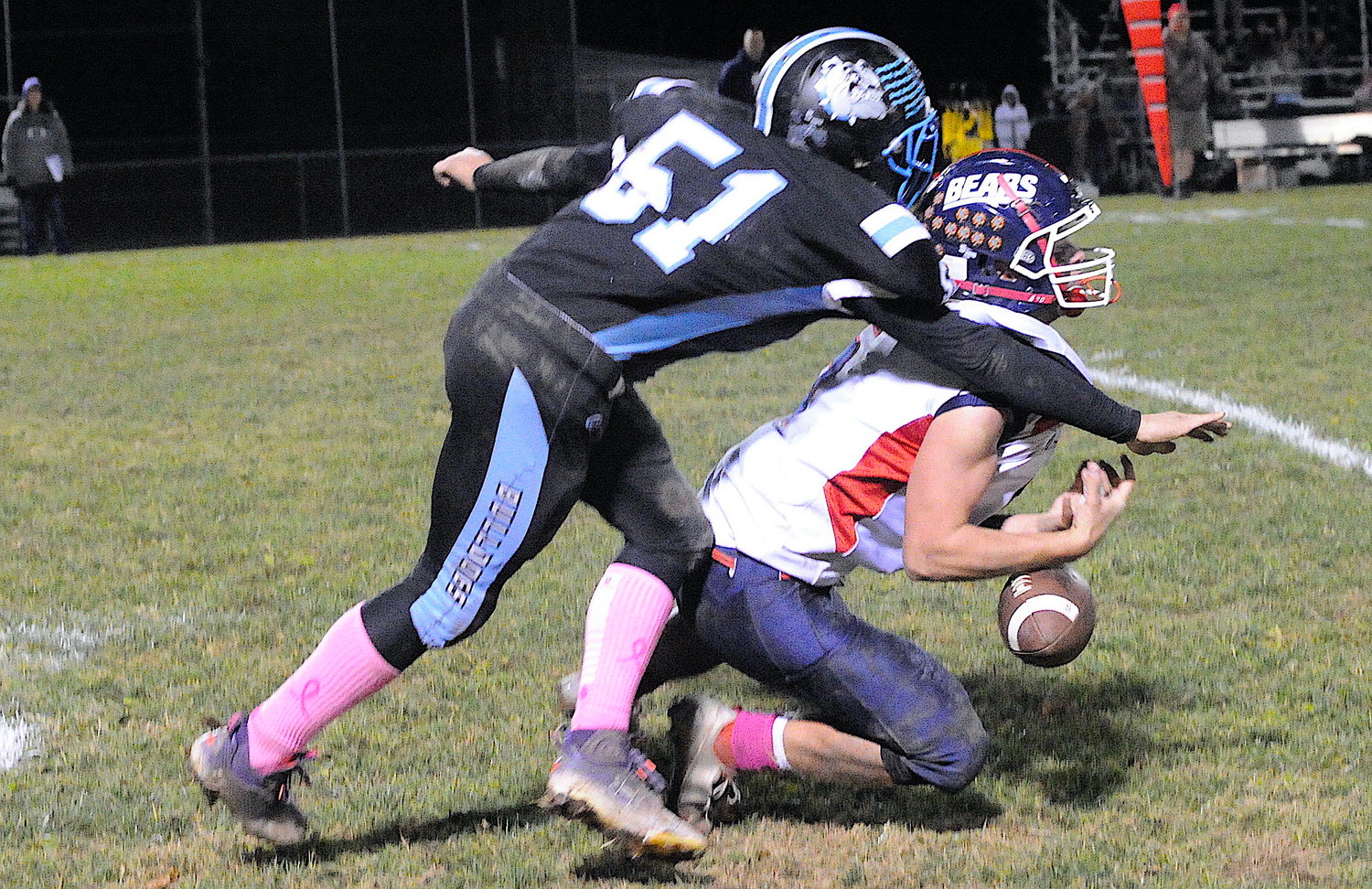 Max Ebert, on defense, nixes a pass to Tri-Valley’s Josh Carmody in the Bulldog’s  26-6 win over the Bears on October 21. In 2022, he scored a TD, and made 30 tackles.